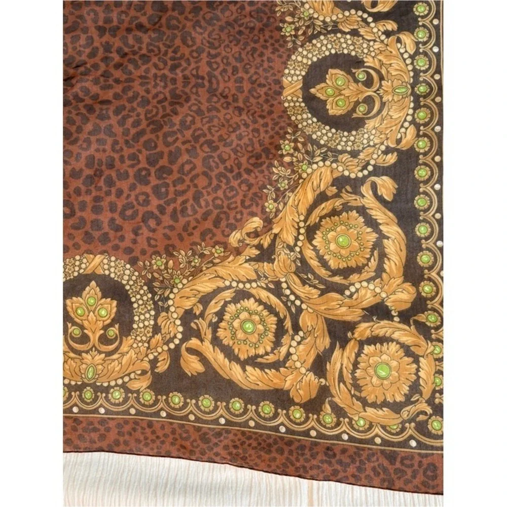 Vintage Baroque Leopard Print Square Scarf Gold Green Brown Animal‎ Print 34x34